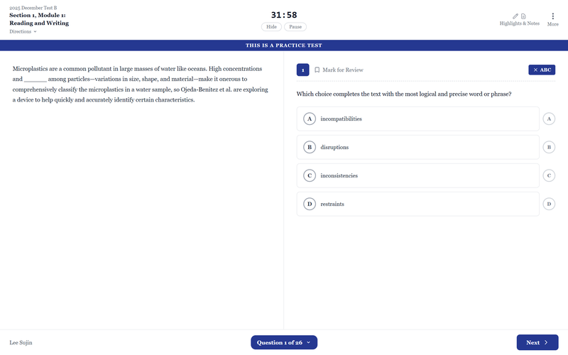 A Bluebear practice test in progress: a Reading and Writing passage on the left and a multiple-choice question with four answer options on the right.
