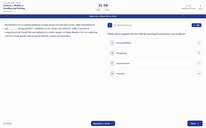 A tour of Bluebear: a practice test question with four answer options, an answer being selected, the next question, a score report showing the total out of 1600 and the Reading and Writing and Math split, the per-domain breakdown, and the error log table.